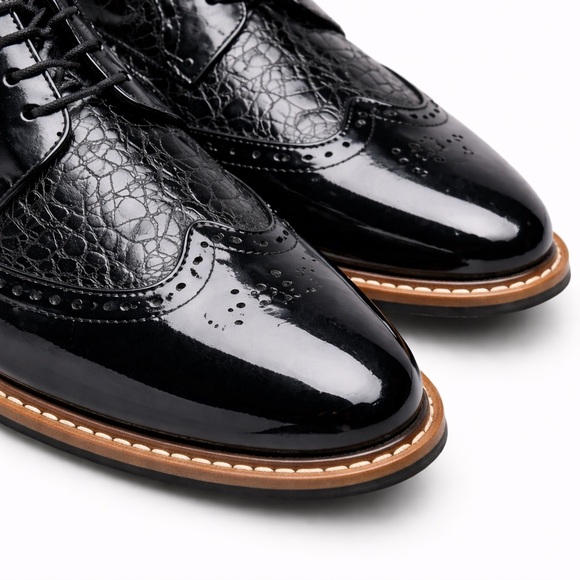 Stacy Adams Dayton Wingtip Oxford Black Patent Croc Embossed Dress Shoes Mens 11 - Picture 3 of 7